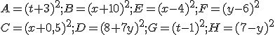 A=(t+3)^2;B=(x+10)^2;E=(x-4)^2;F=(y- 6)^2 \\C=(x+0,5)^2; D=(8+7y) ^2;G=(t-1)^2; H=(7-y)^2